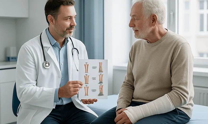 Doctor explaining fracture healing stages to an elderly patient.