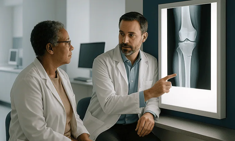 Orthopedic doctor explaining knee X-ray to patient in hospital.