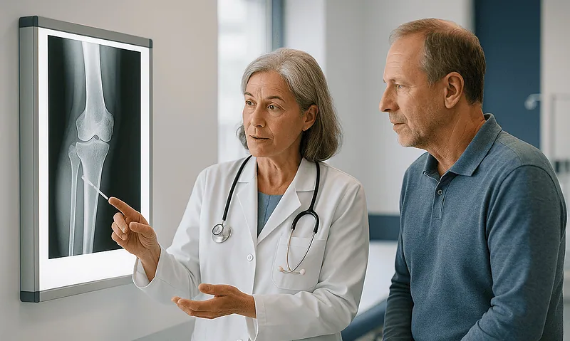 Doctor explaining knee X-ray to a patient in a hospital setting.