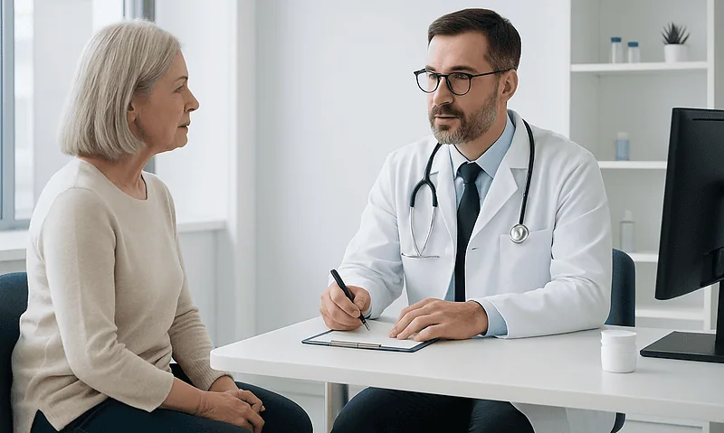 Doctor consulting with an elderly female patient in a modern clinic.