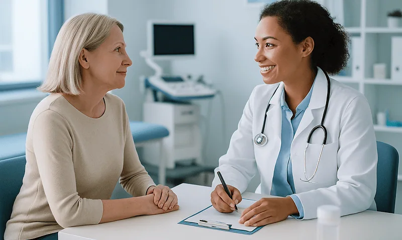 Doctor consulting with a senior female patient in a medical office.