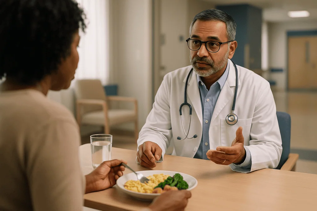 Doctor consulting patient during meal in clinical setting: From last night's dinner to a lab value: how urea gets made