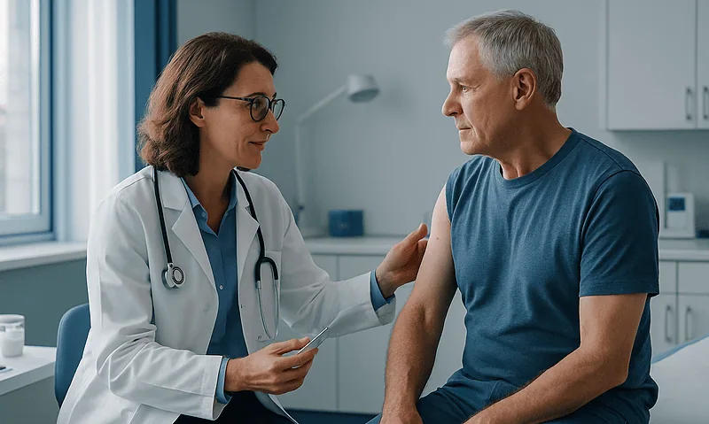 Doctor examining a male patient for arthritis in a clinical setting.