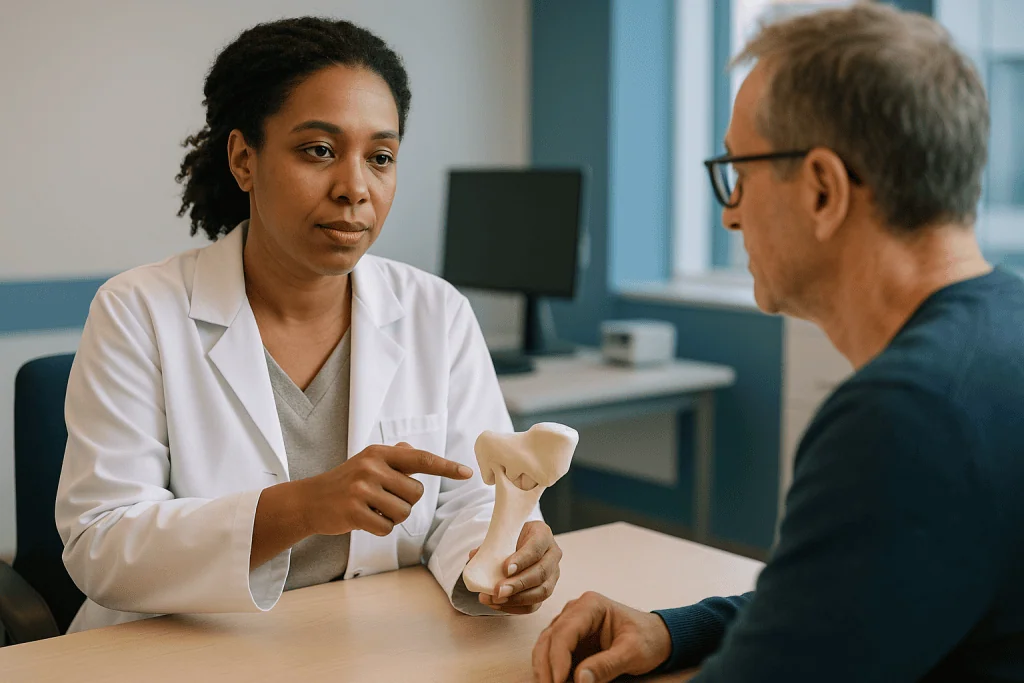 Doctor consulting patient with bone model: From scan to 3D printed TMJ model: what gets made before surgery