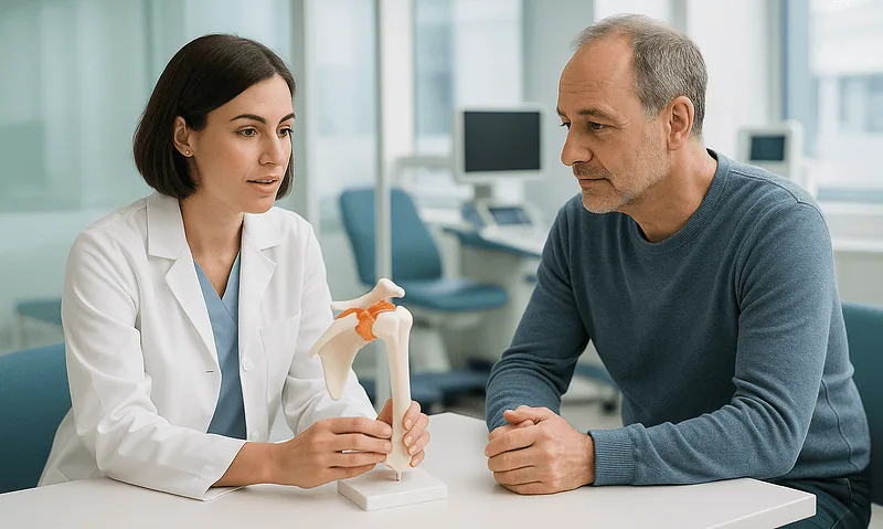 Doctor explaining shoulder anatomy to patient in a medical consultation.
