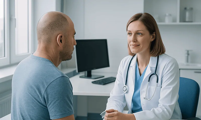 Doctor consulting with patient in a medical office setting.