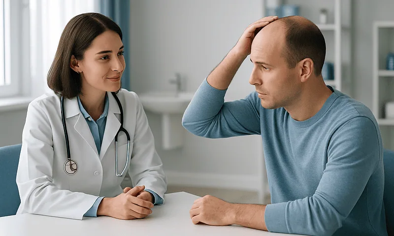 Doctor consulting with patient about hair loss treatment options at Acibadem Hospital.