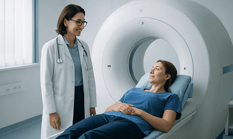 Female patient undergoing MRI scan in a hospital setting with a doctor present.