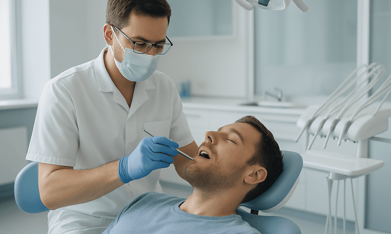 Dentist performing dental examination on patient in clinic.