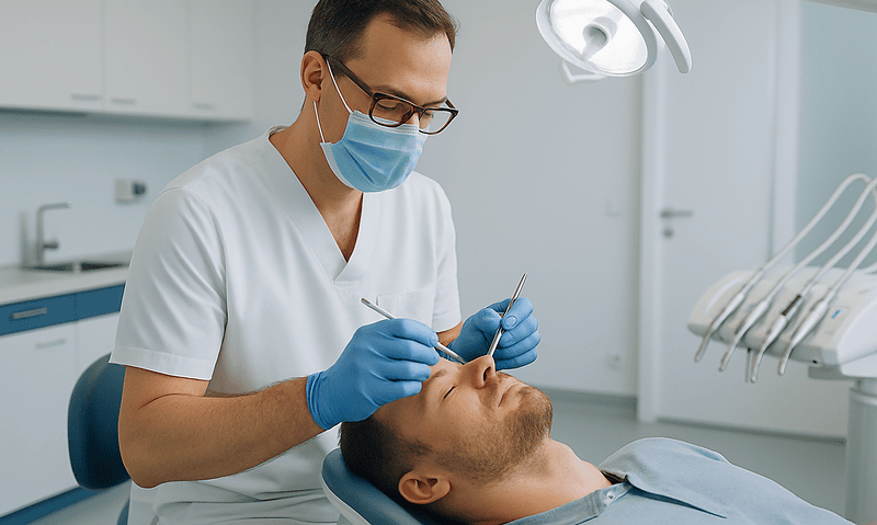 Dentist performing dental procedure on patient in a modern clinic.