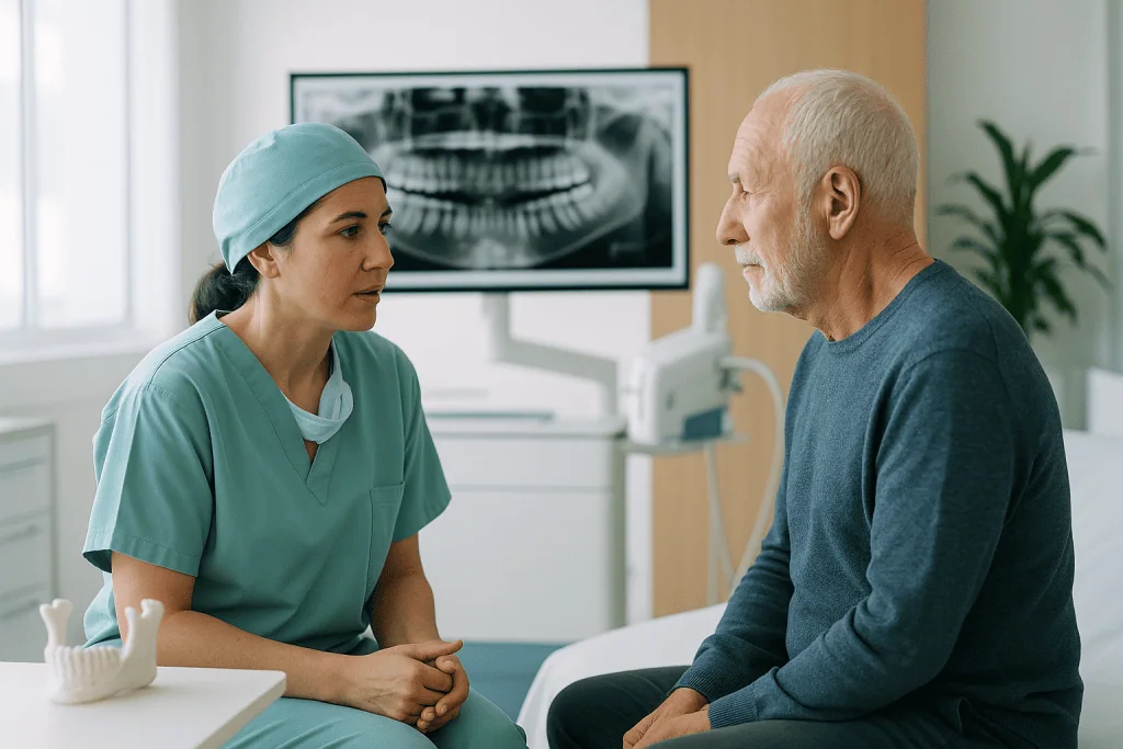 Full Mouth Reconstruction 1 Dentist consulting with elderly patient about dental health in clinic.