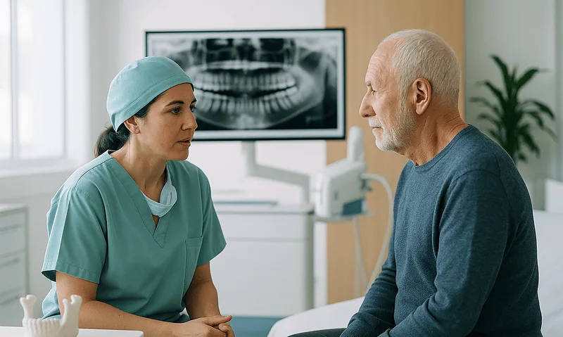 Dentist consulting with elderly patient about dental health in clinic.