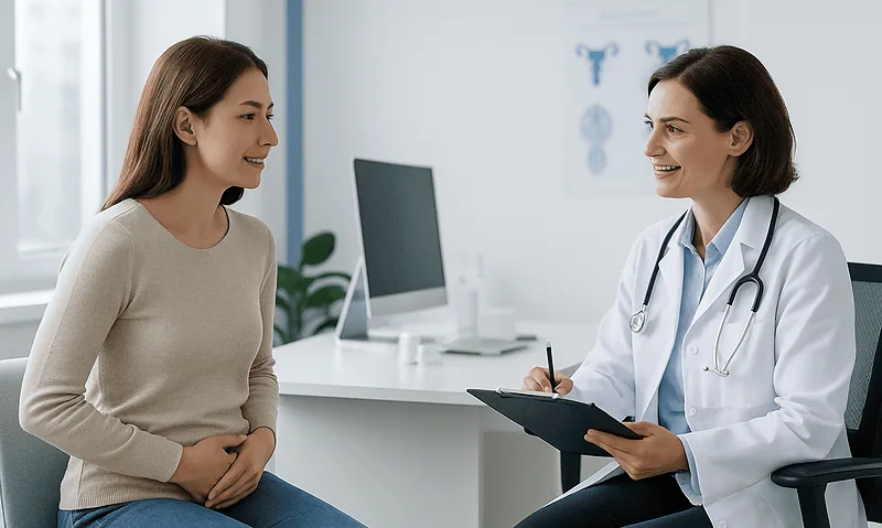 Doctor consulting with a patient in a modern medical office.