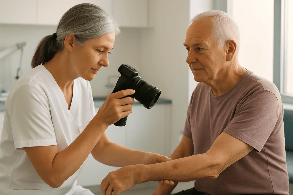 Fungal Skin Infections 1 Doctor examining elderly patient's skin with a camera in a clinical setting.