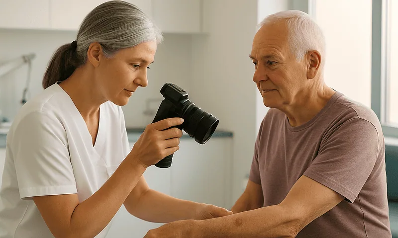 Doctor examining elderly patient's skin with a camera in a clinical setting.