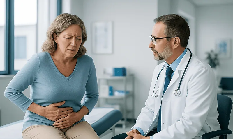 Doctor consulting with a woman patient experiencing abdominal pain.