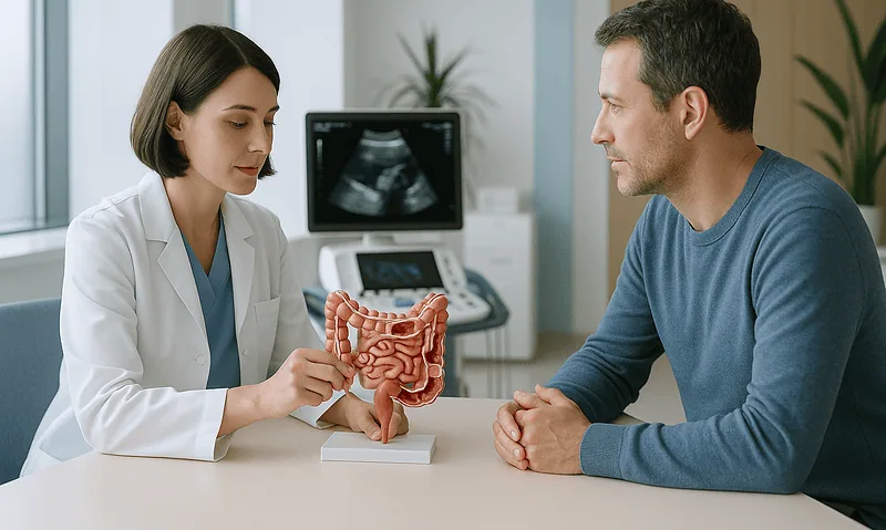 Doctor explaining gallbladder health to patient with anatomical model.