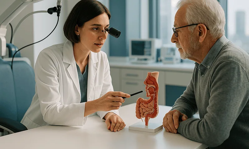 Doctor explaining gallbladder health to elderly patient with model.