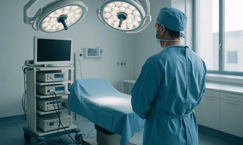 Surgeon preparing for gallbladder surgery in a modern operating room.