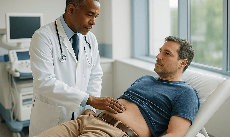 Doctor examining a patient in a hospital room with medical equipment in the background.