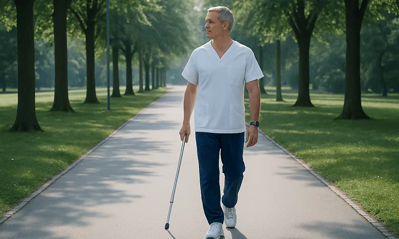 Senior man walking with a cane in a park after gallbladder surgery recovery.