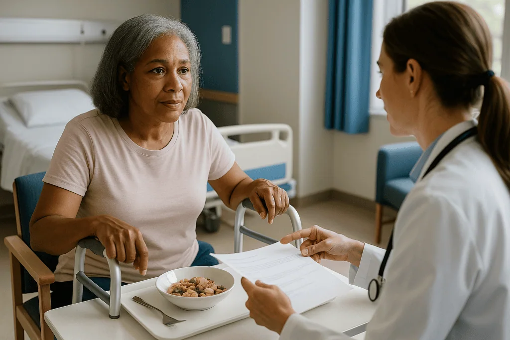 Doctor consulting older patient about nutrition and recovery: Gallbladder surgery recovery timeline at a glance