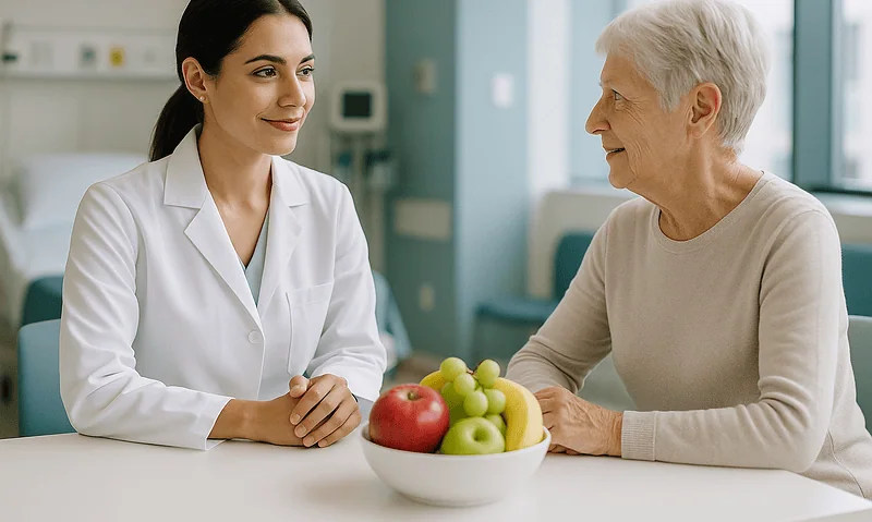 Doctor consulting with elderly patient in hospital room with fruit bowl.