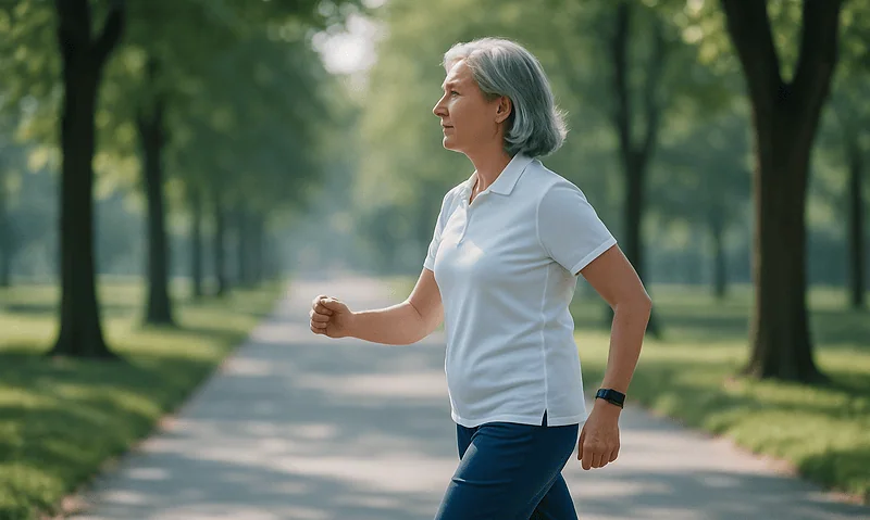 Elderly woman walking outdoors in a park after gallstone surgery recovery.