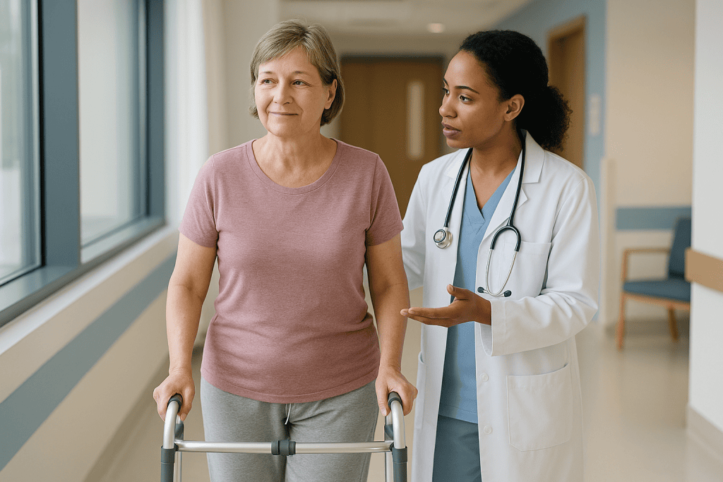 Doctor and patient walking in hospital corridor: Gallstone surgery recovery week by week: the short version