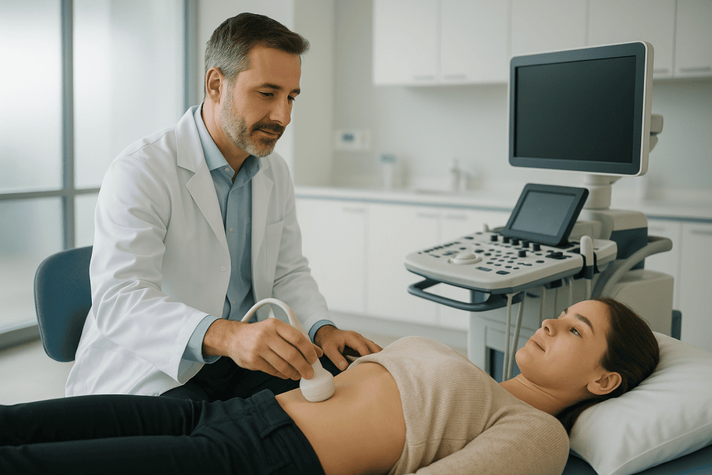 Gallstones 1 Doctor performing an ultrasound examination on a patient with gallstones.