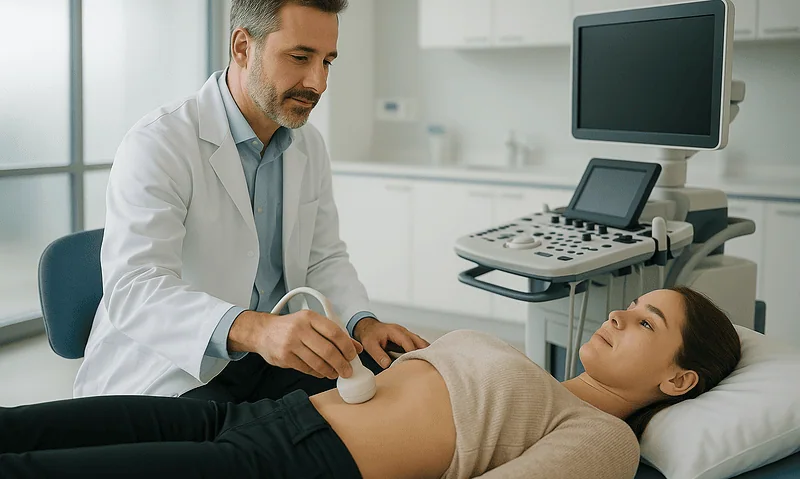 Doctor performing an ultrasound examination on a patient with gallstones.