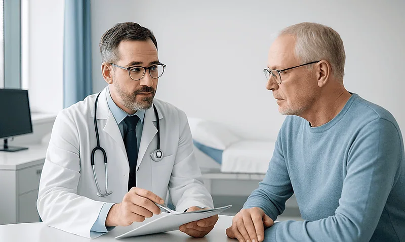 Doctor consulting with an older male patient in a hospital room.