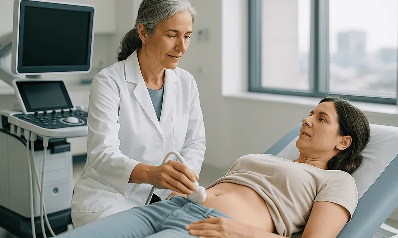 Doctor performing an ultrasound on a patient with gallstones in a hospital room.