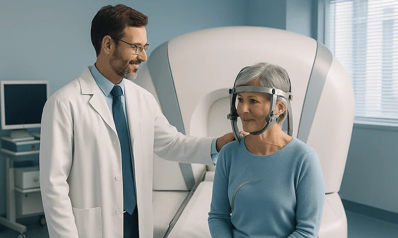 Medical professional explains Gamma Knife procedure to patient in hospital.