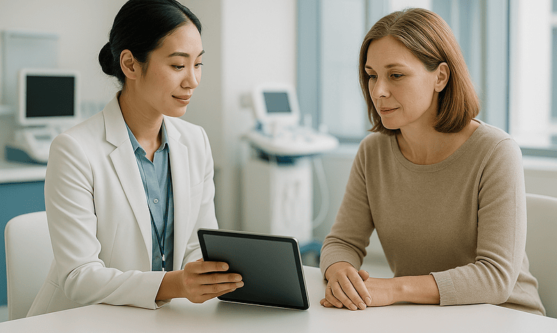 Doctor explaining treatment options to a patient using a tablet at Acibadem Hospital.