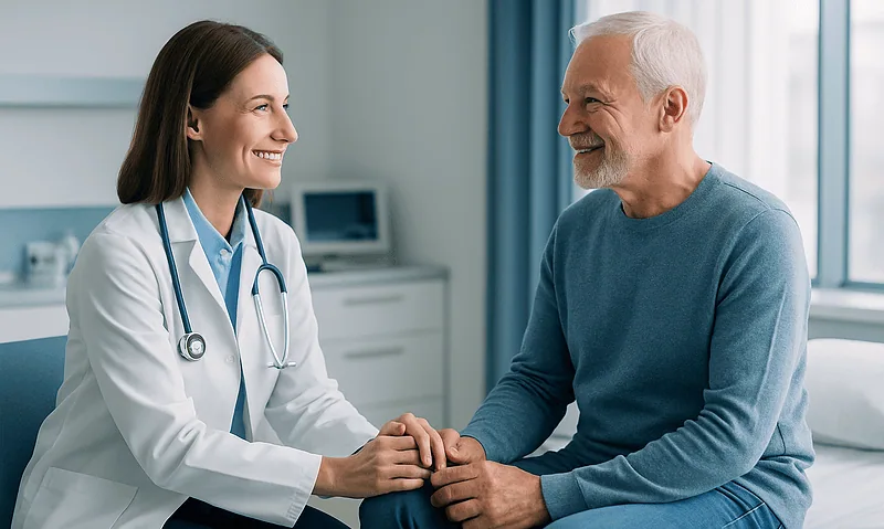 Doctor and patient smiling during consultation at Acibadem Hospital.