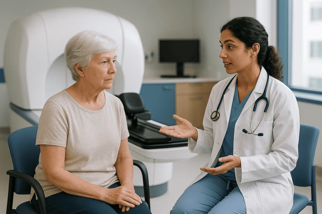 Doctor consulting with elderly patient in medical office: Gamma knife vs surgery vs conventional radiotherapy: what genuinel