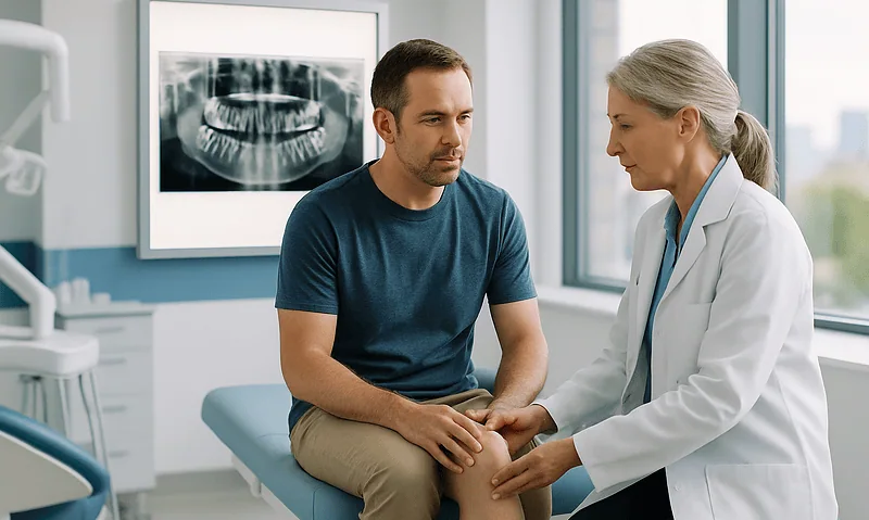 Doctor examining patient's knee in a medical consultation room.