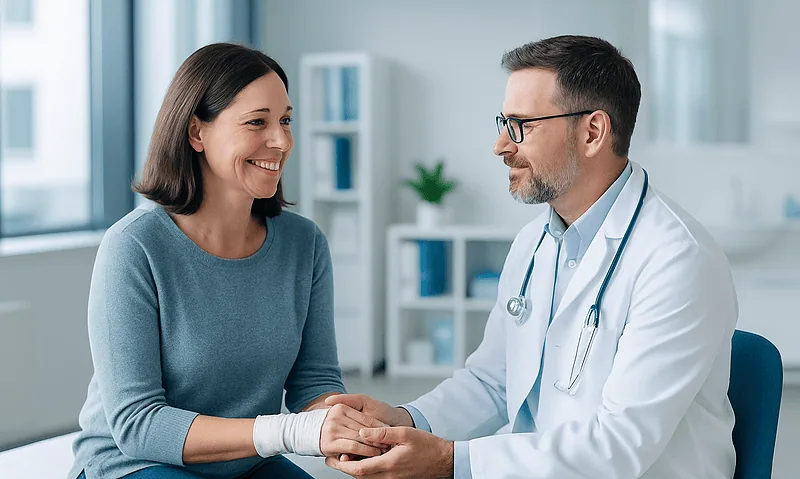 Doctor consulting with a female patient in a medical office.
