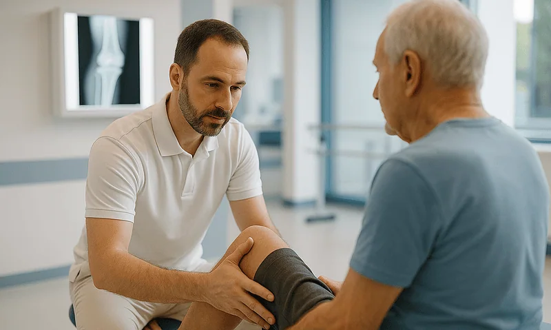 Doctor examining patient's knee in a medical clinic setting.