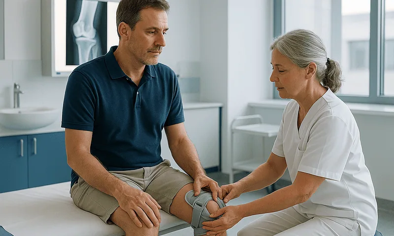 Doctor examining patient's knee with ultrasound in clinic setting.