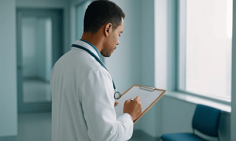 Doctor reviewing patient notes in a modern hospital corridor.