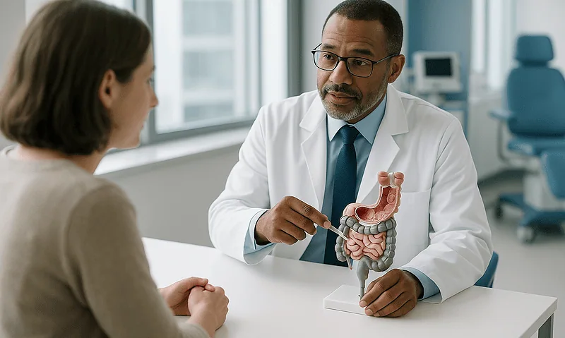 Doctor explaining gastric balloon procedure to patient in clinic.