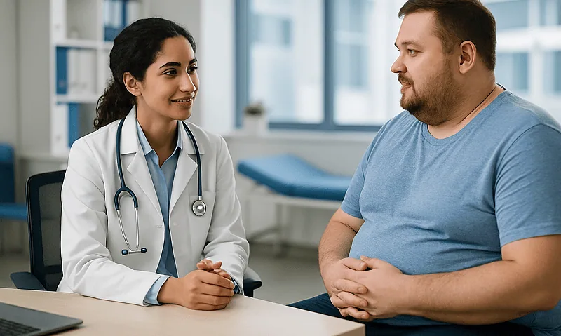 Doctor consulting with a male patient in a modern clinic setting.