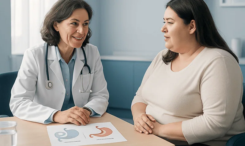 Doctor consulting with a patient about weight loss options at a clinic.