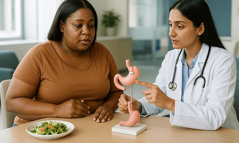 Doctor explaining gastric surgery options to patient with stomach model.