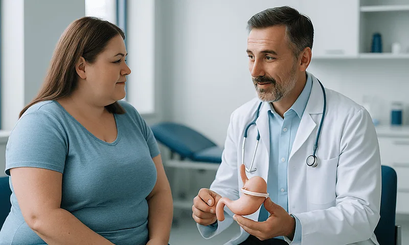 Doctor explains gastric banding procedure to a patient in a clinic setting.