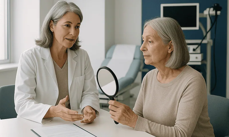 Doctor explaining gastric treatment options to an elderly woman in a clinic.