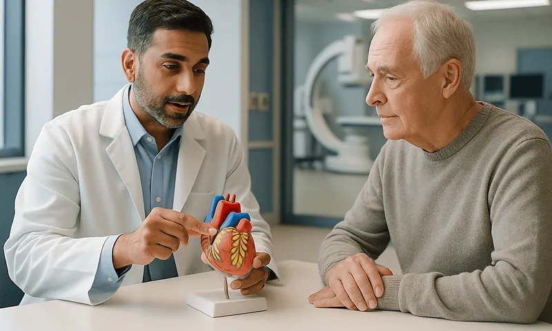 Doctor explaining heart model to elderly patient in a medical consultation.