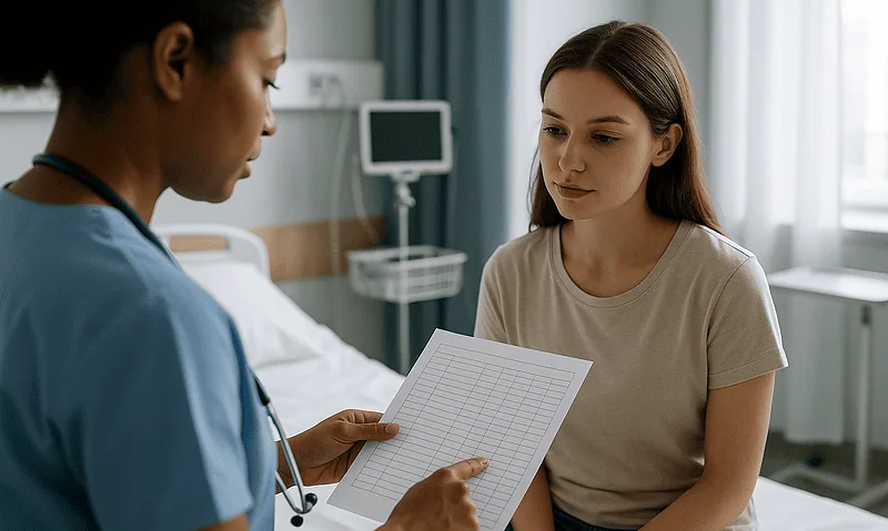 Doctor consulting with a patient in a hospital room.